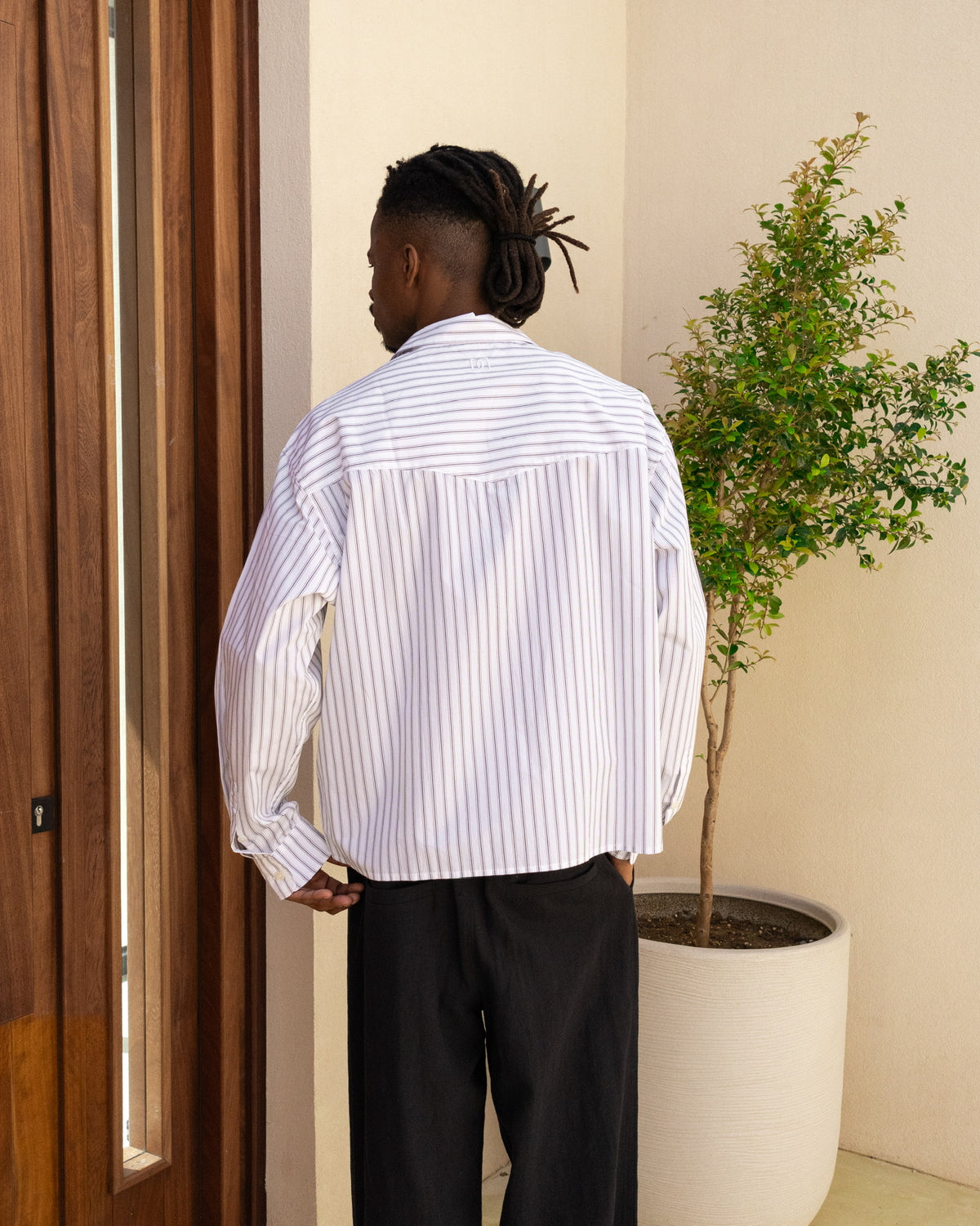 Cropped Long Sleeve Shirt - White Pinstripe campaign image 3