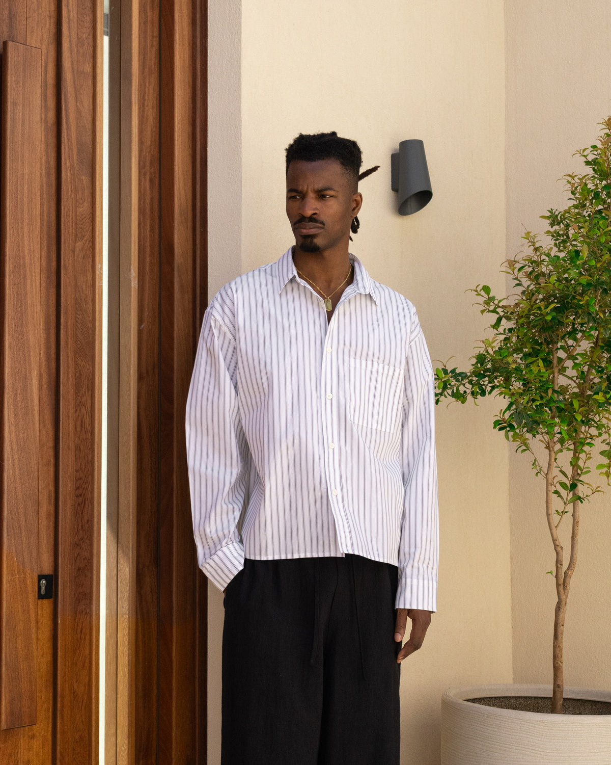 Cropped Long Sleeve Shirt - White Pinstripe campaign image 4