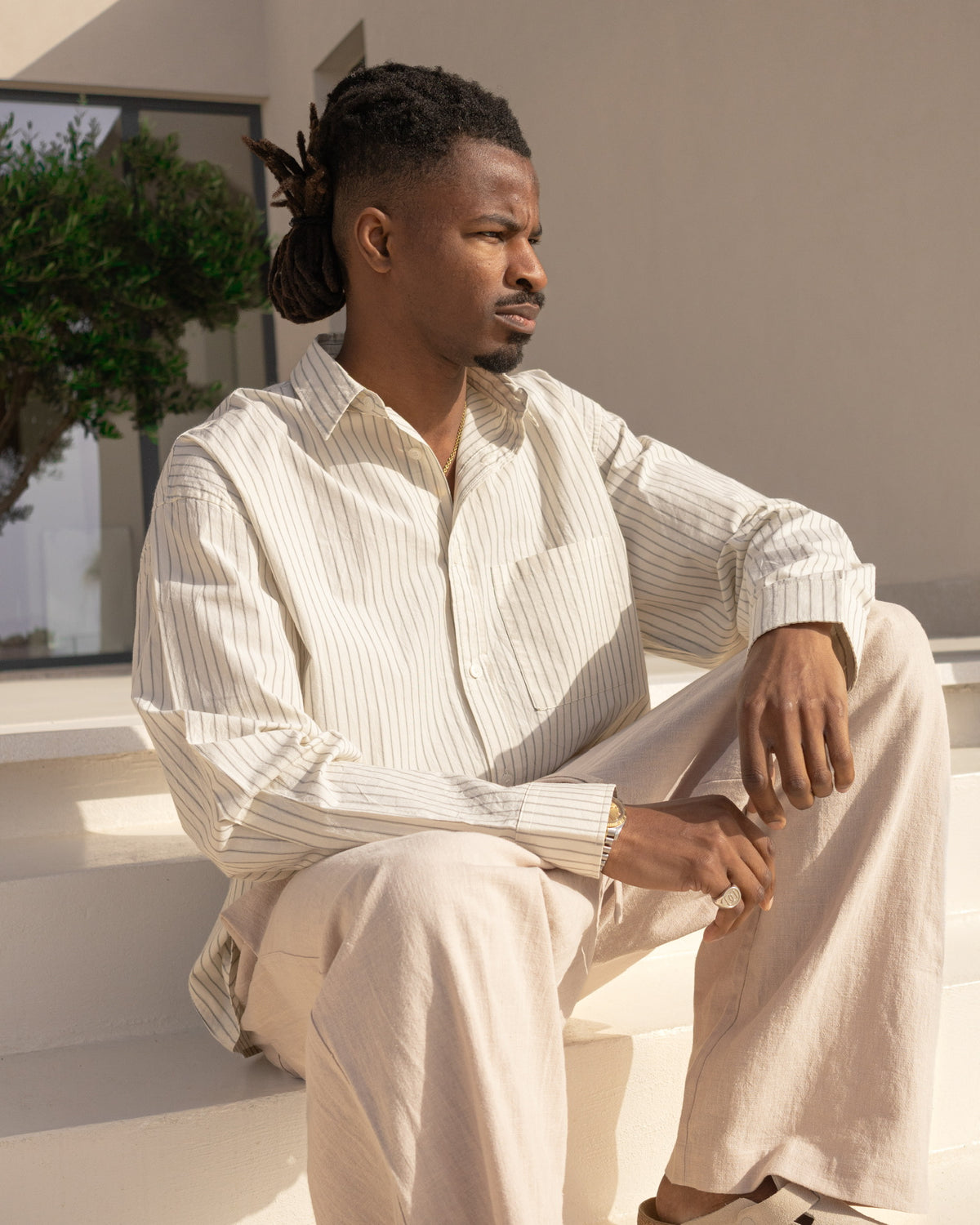 Cropped Long Sleeve Shirt - Bone Pinstripe campaign image 2