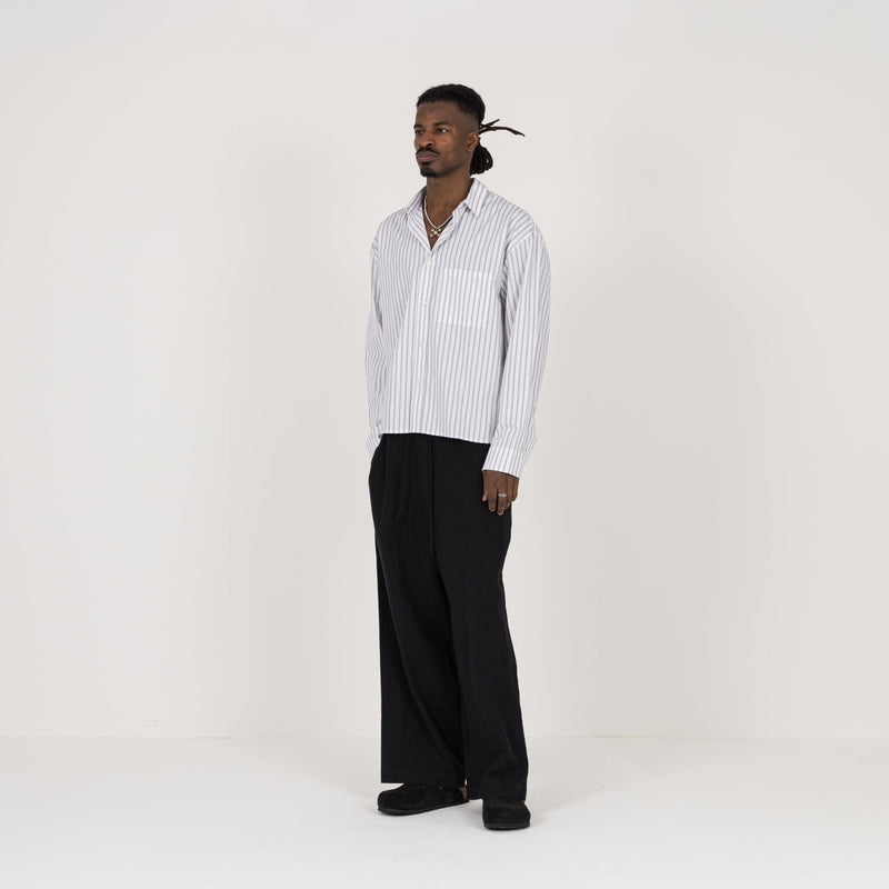 Cropped Long Sleeve Shirt - White Pinstripe - Destructive