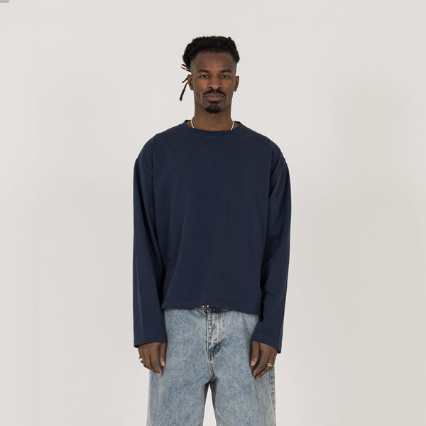 Cropped Long Sleeve T-Shirt - Navy - Destructive