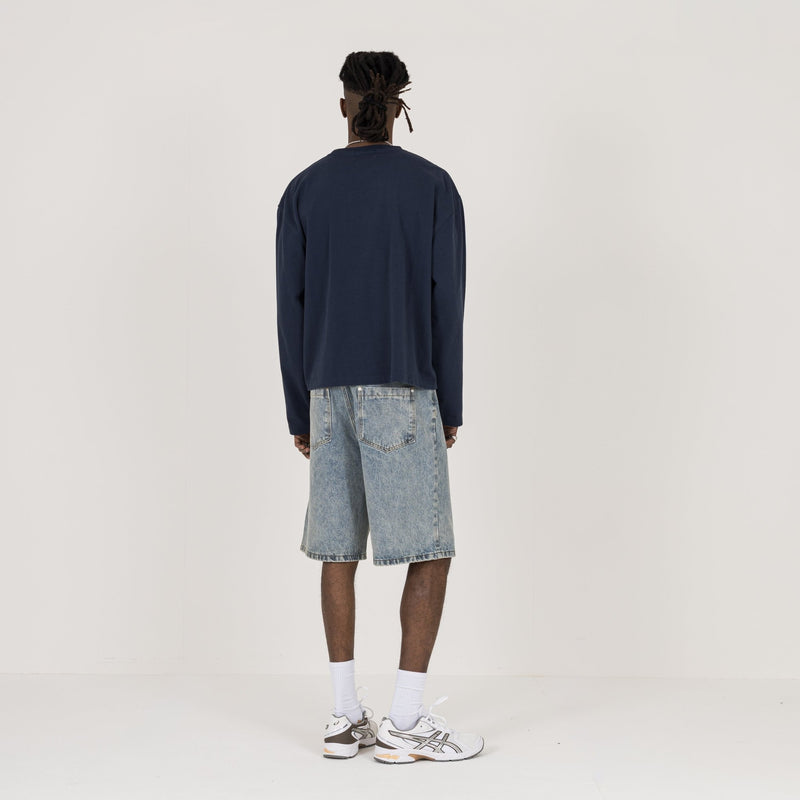 Cropped Long Sleeve T-Shirt - Navy - Destructive