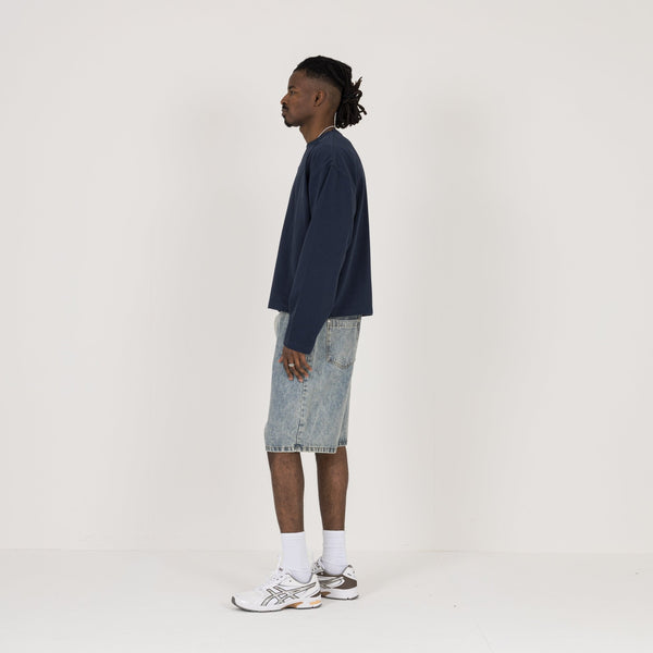 Cropped Long Sleeve T-Shirt - Navy - Destructive