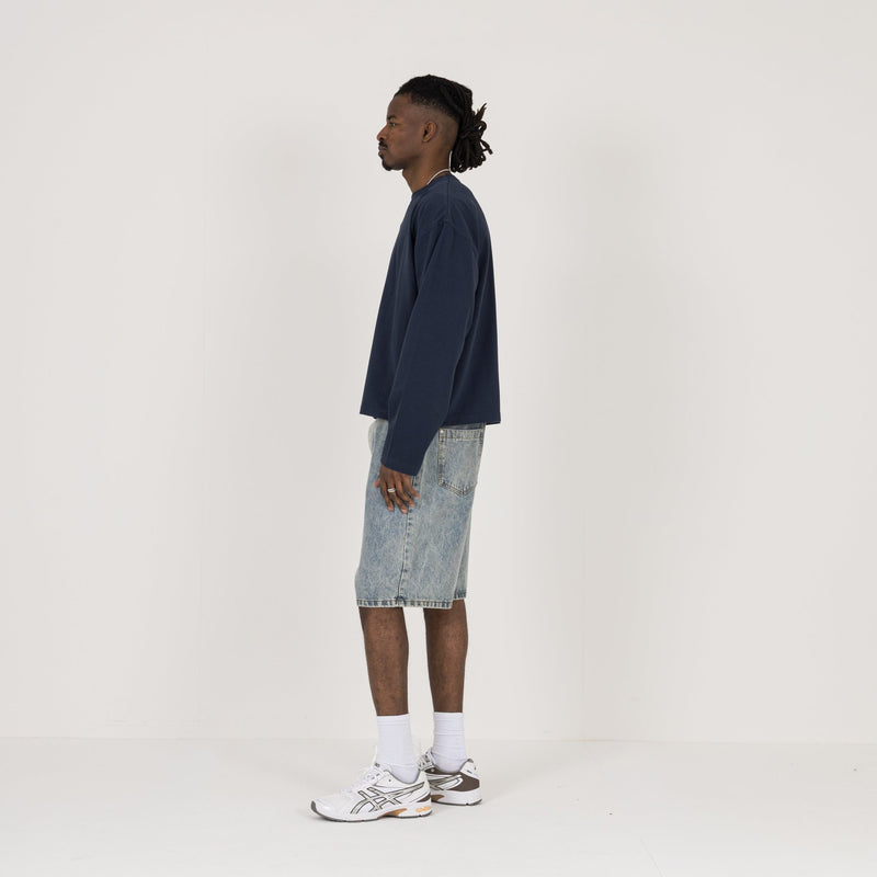 Cropped Long Sleeve T-Shirt - Navy - Destructive