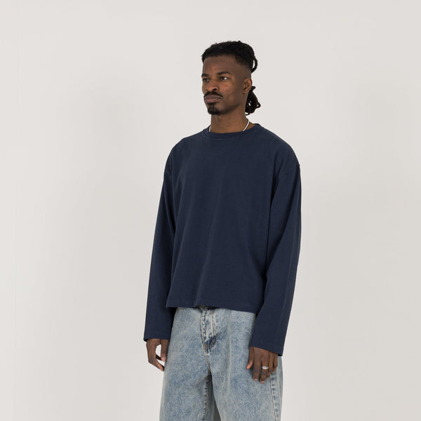 Cropped Long Sleeve T-Shirt - Navy - Destructive