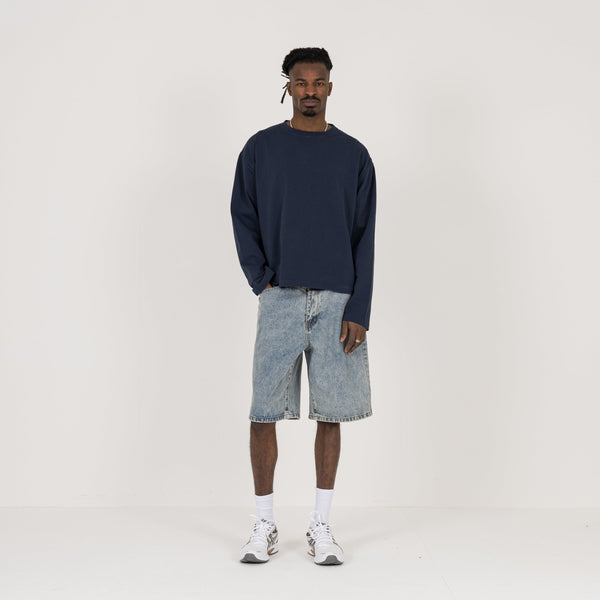 Cropped Long Sleeve T-Shirt - Navy - Destructive