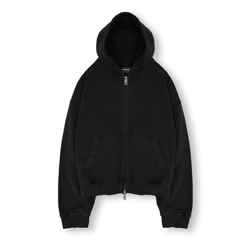 Cropped Zip Hoodie - Black - Destructive