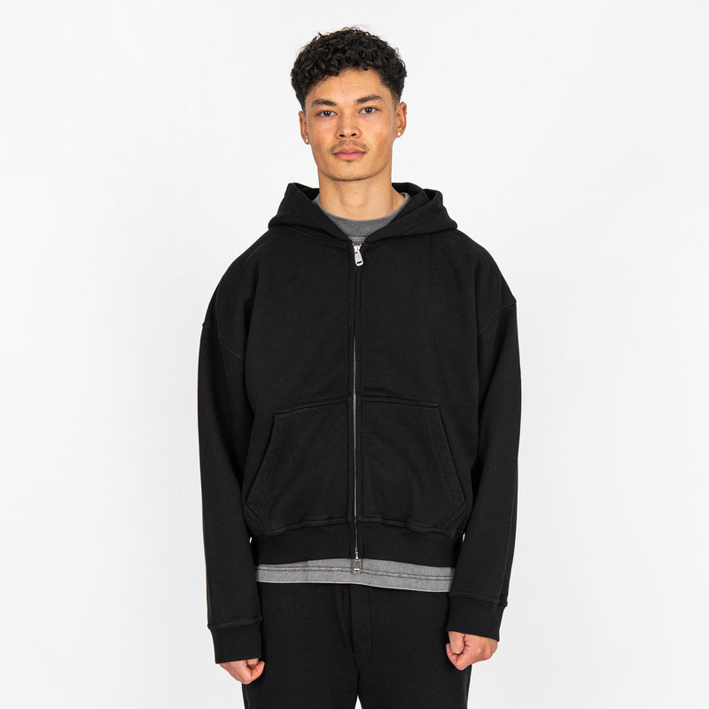 Cropped Zip Hoodie - Black - Destructive