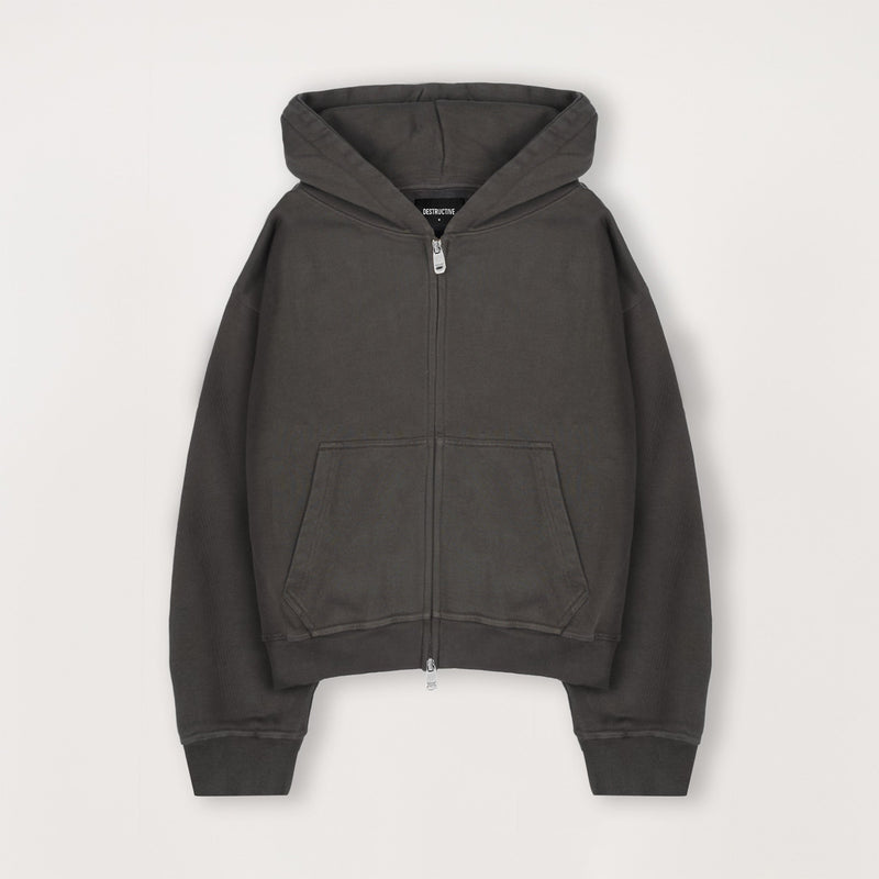 Cropped Zip Hoodie - Dark Mocha - Destructive