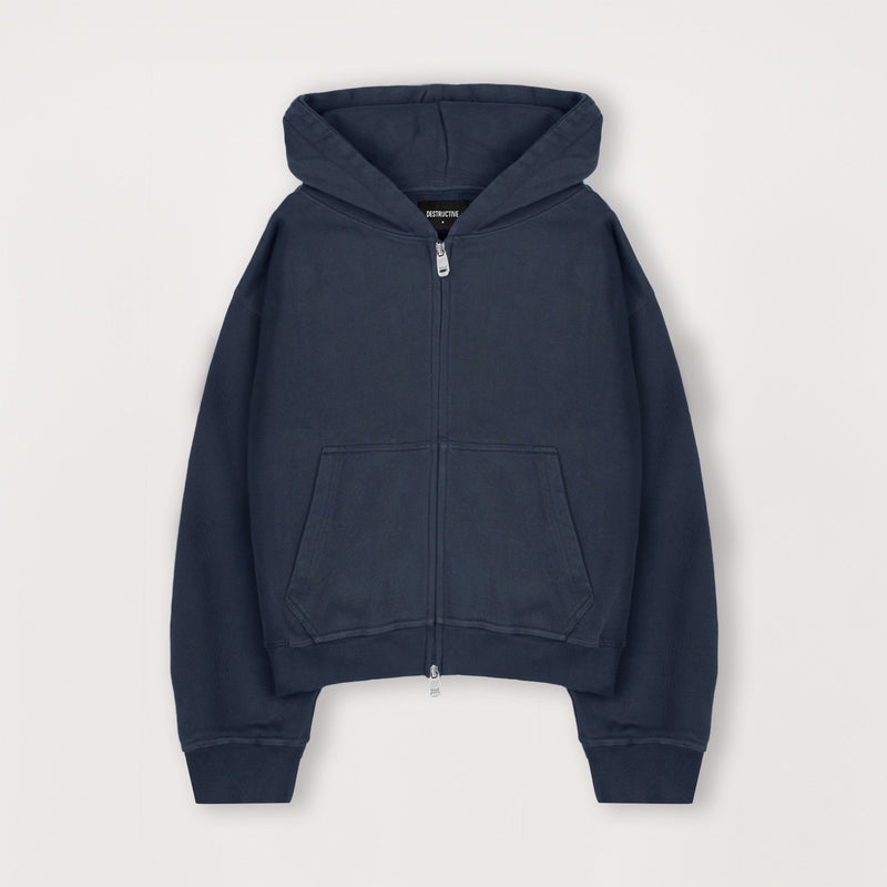 Cropped Zip Hoodie - Navy - Destructive