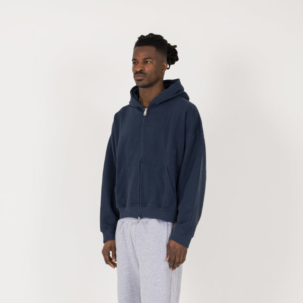 Cropped Zip Hoodie - Navy - Destructive