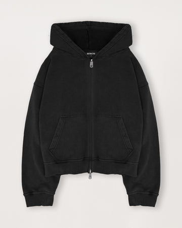 Cropped Zip Hoodie - Black - Destructive