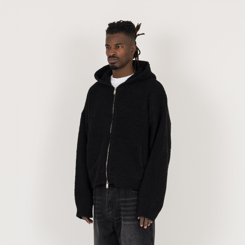 Bouclé Zip Hoodie - Black - Destructive