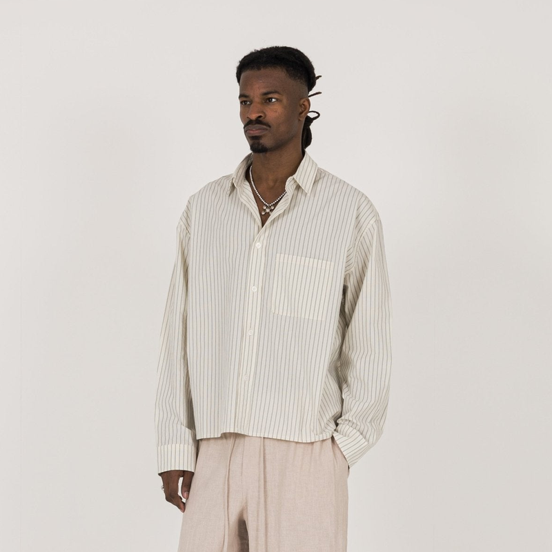 Cropped Long Sleeve Shirt - Bone Pinstripe - Destructive