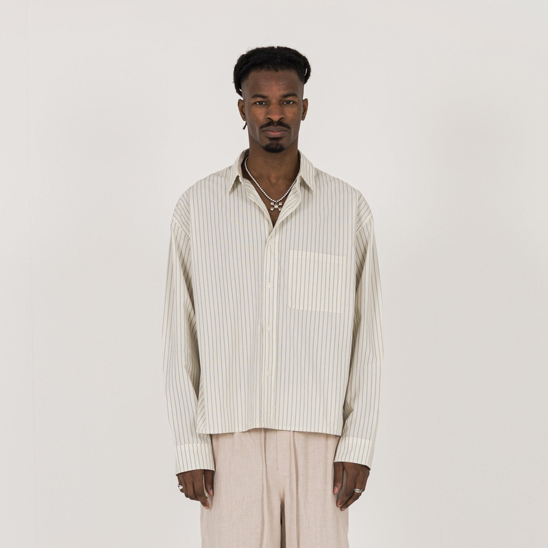 Cropped Long Sleeve Shirt - Bone Pinstripe - Destructive