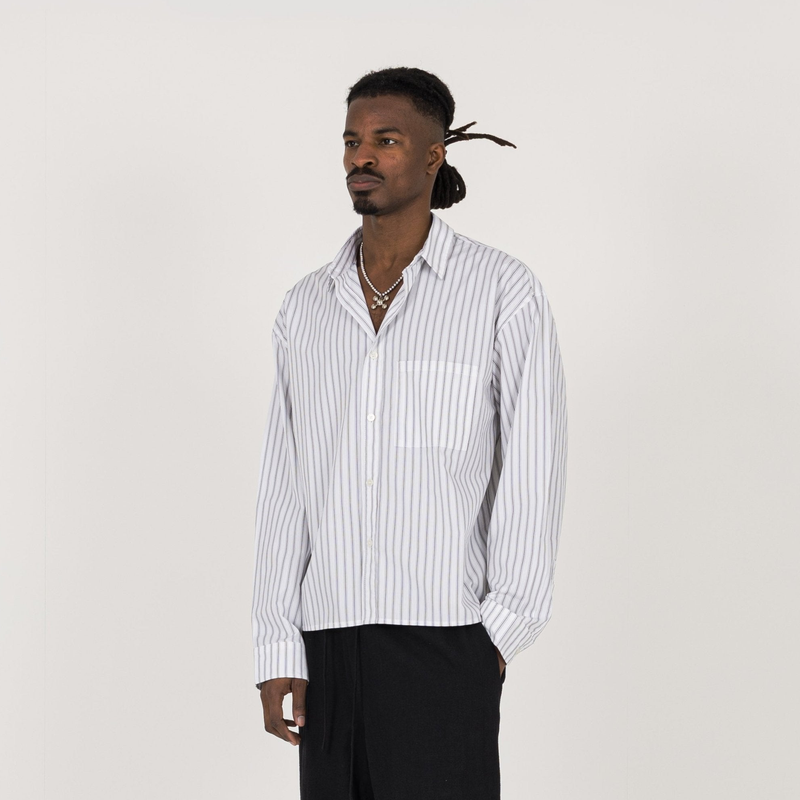 Cropped Long Sleeve Shirt - White Pinstripe - Destructive