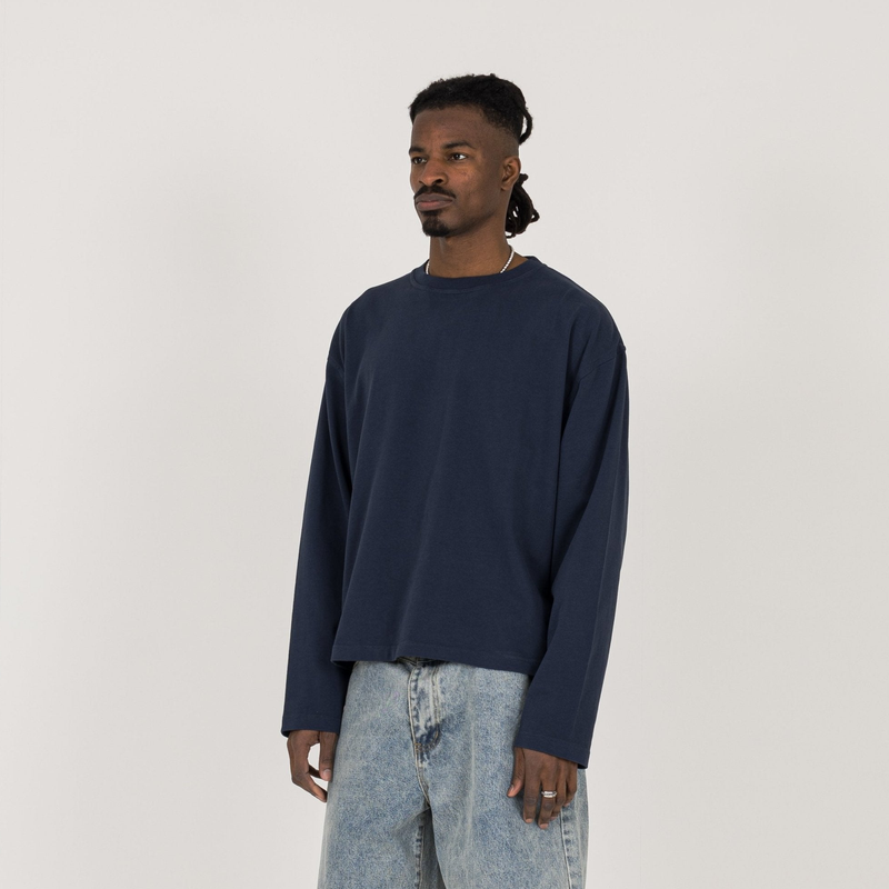 Cropped Long Sleeve T-Shirt - Navy - Destructive