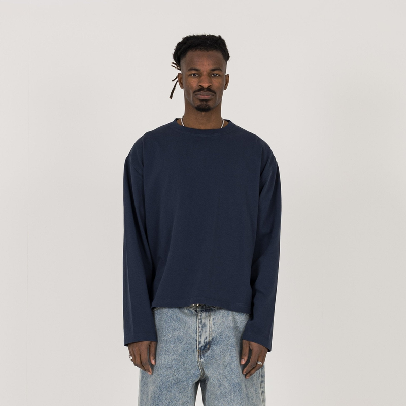 Cropped Long Sleeve T-Shirt - Navy - Destructive