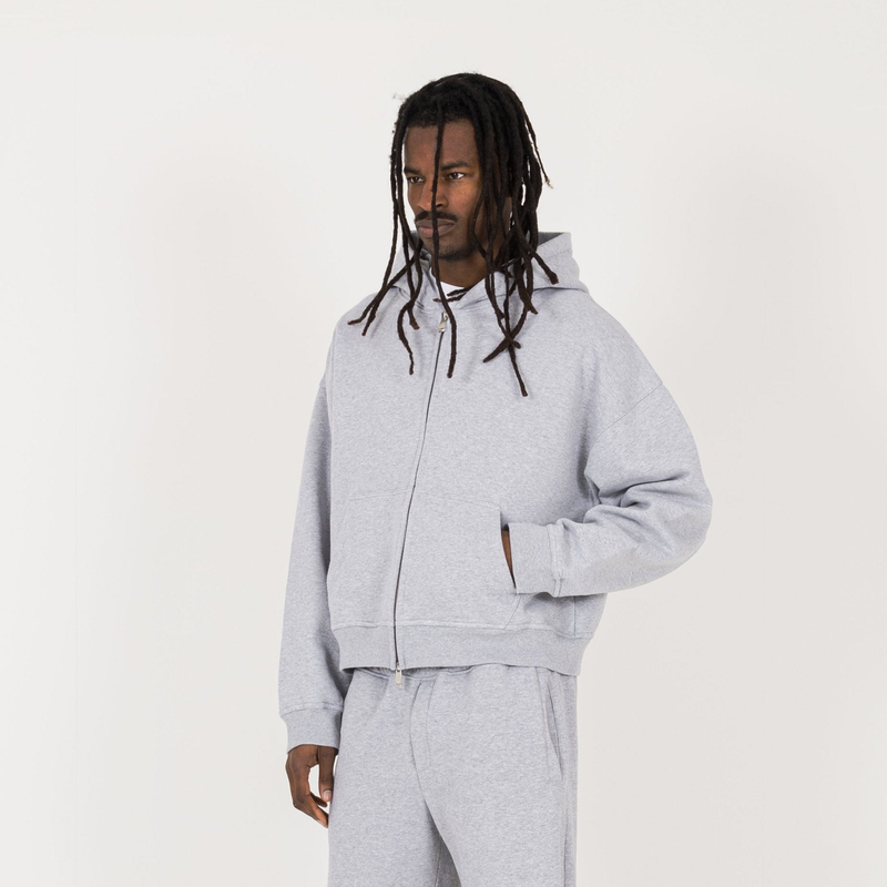 Cropped Zip Hoodie - Light Marl Grey - Destructive