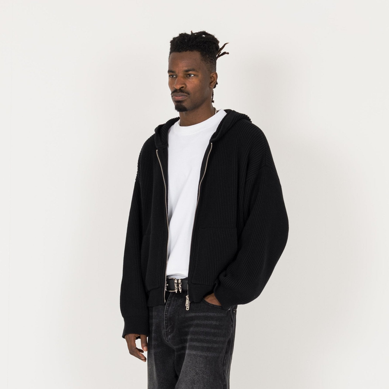Ribbed Zip Hoodie - Black - Destructive