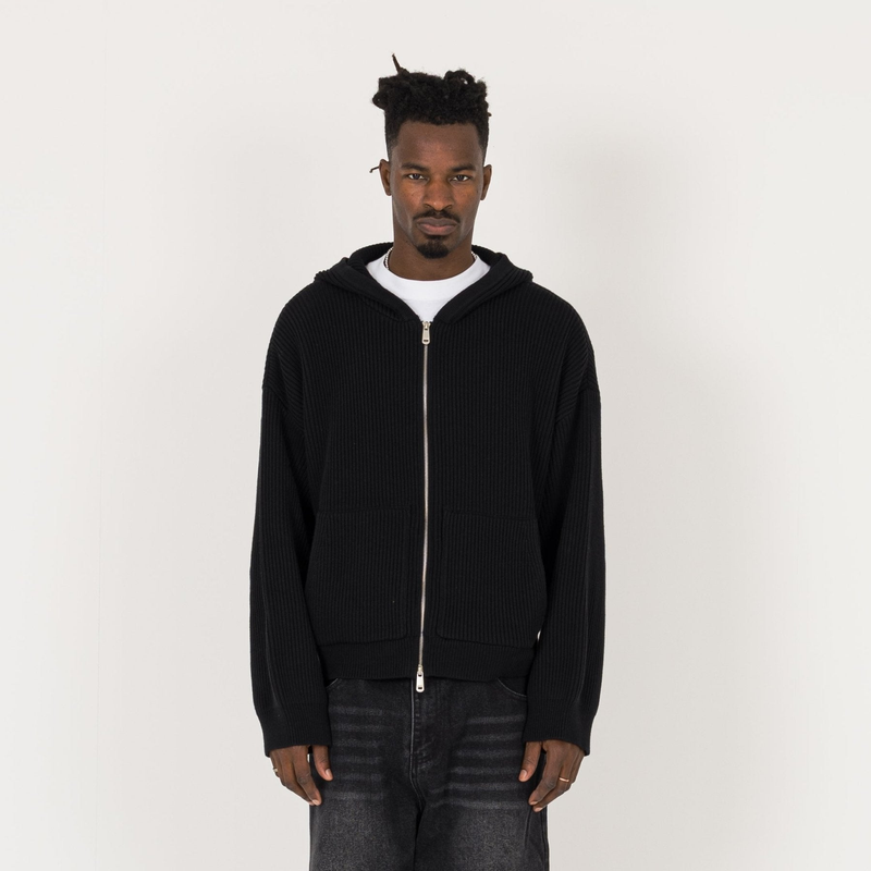 Ribbed Zip Hoodie - Black - Destructive