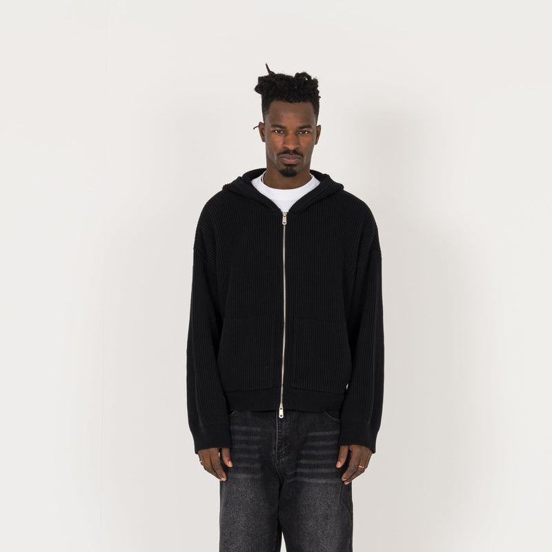 Ribbed Zip Hoodie - Black - Destructive