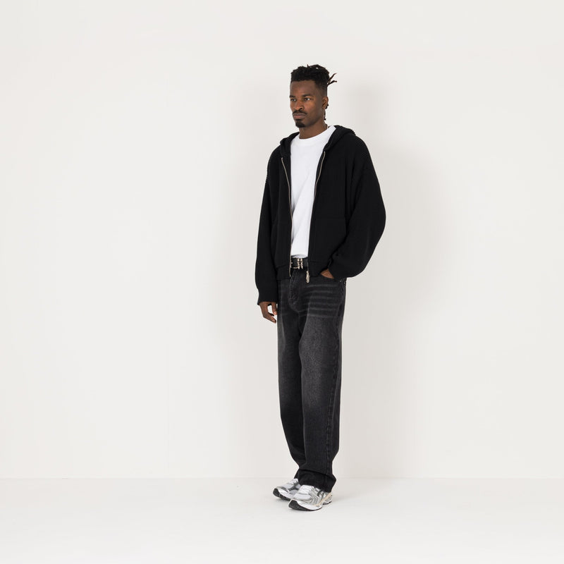 Ribbed Zip Hoodie - Black - Destructive