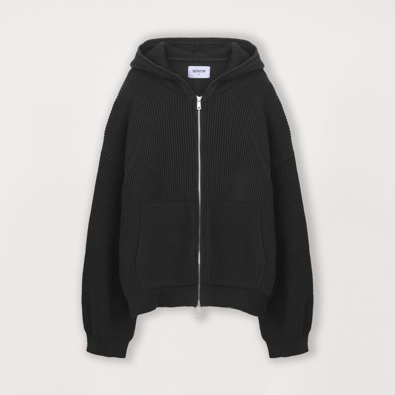 Ribbed Zip Hoodie - Black - Destructive