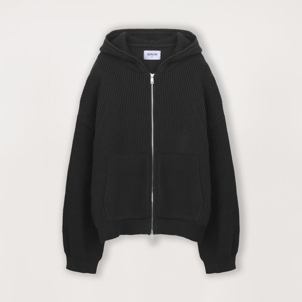 Ribbed Zip Hoodie - Black - Destructive