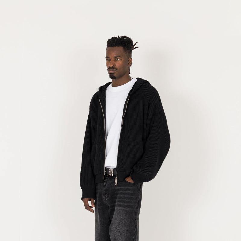 Ribbed Zip Hoodie - Black - Destructive