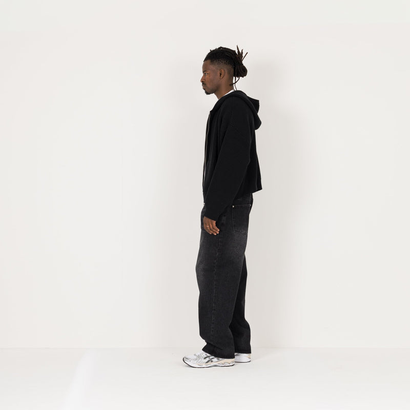 Ribbed Zip Hoodie - Black - Destructive