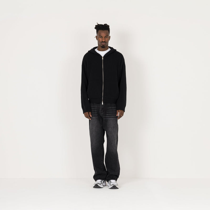 Ribbed Zip Hoodie - Black - Destructive