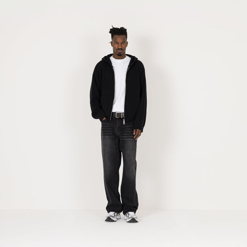 Ribbed Zip Hoodie - Black - Destructive