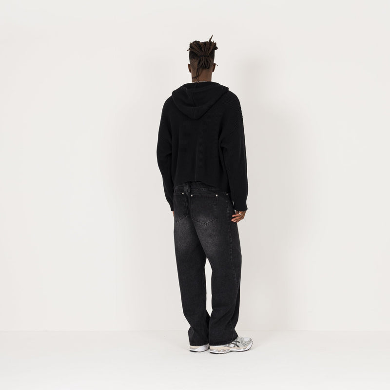 Ribbed Zip Hoodie - Black - Destructive