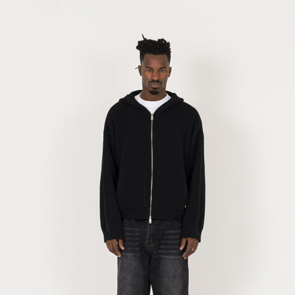 Ribbed Zip Hoodie - Black