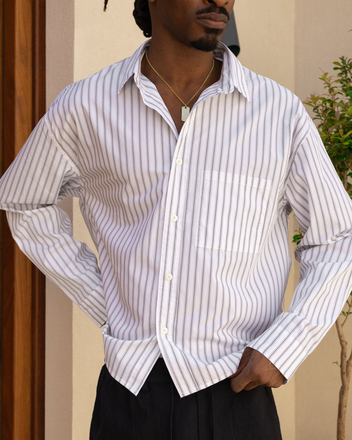 Cropped Long Sleeve Shirt - White Pinstripe campaign image 1
