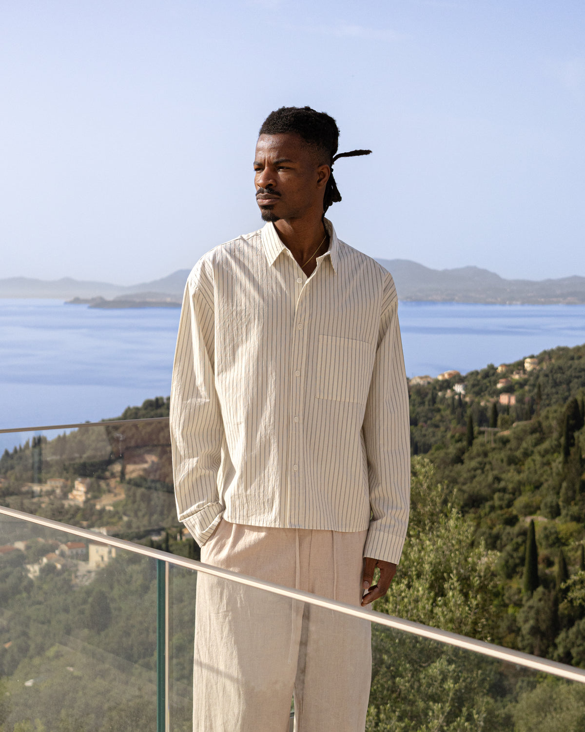 Cropped Long Sleeve Shirt - Bone Pinstripe campaign image 1
