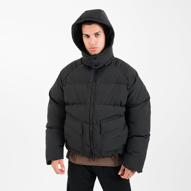 DECILRO Mens Mid-Weight Puffer Jacket with Removable Hood Shiny Hooded Reflective Down Jacket Cotton Jacket Black M, Adult Unisex, Size: Medium